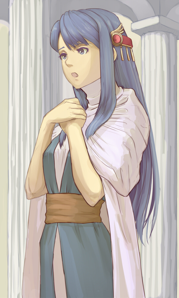 1girl, blue_eyes, blue_hair, capelet, hair_ornament, izerna_(tear_ring_saga), long_hair, nonji_(sayglo_halo), open_mouth, solo, tear_ring_saga, upper_body