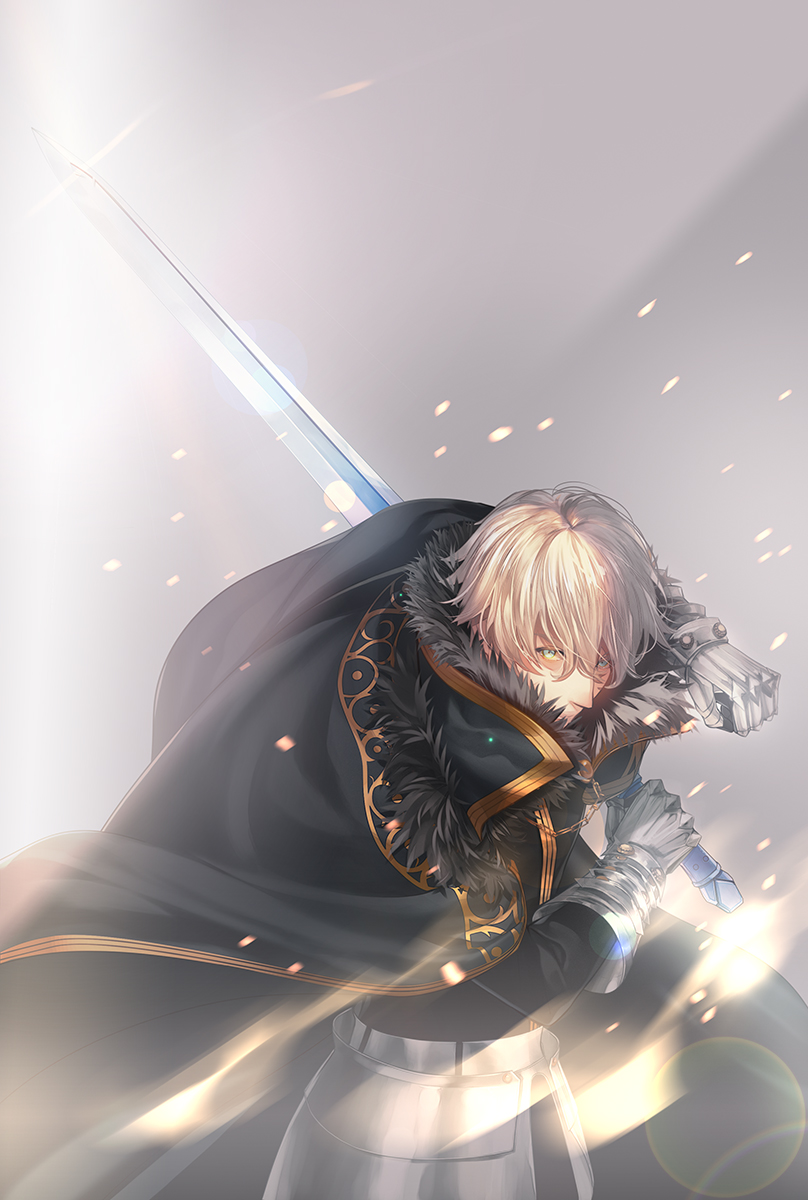 1boy, aqua_eyes, armor, blonde_hair, cape, fate/extra, fate/grand_order, fate_(series)