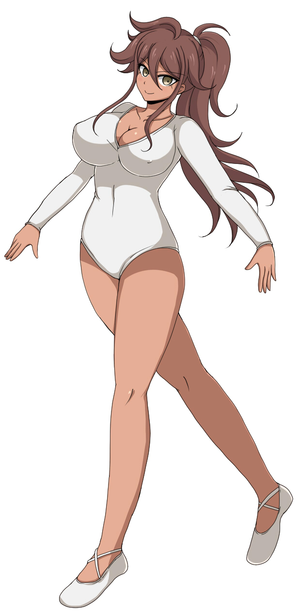 1girl, afuro, ballet_slippers, breasts, brown_eyes, brown_hair, cleavage, dangan_ronpa