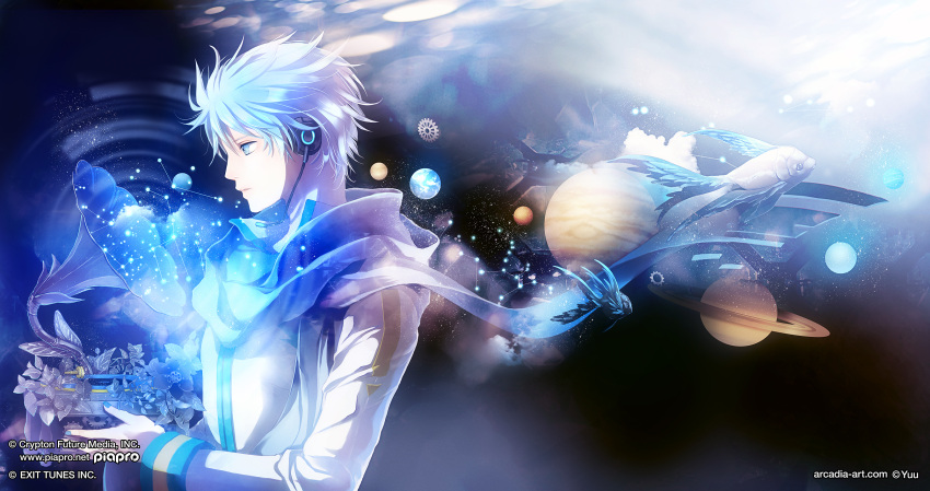1boy, album_cover, animal, artist_name, bangs, blue, blue_eyes, blue_hair, blue_nails, blue_scarf, closed_mouth, clouds, constellation, coral, cover, crypton, earth, exit_tunes, from_side, gears, headphones, highres, holding, jupiter, kaito, light_particles, light_smile, long_sleeves, looking_at_viewer, male_focus, mars, mercury, nail_polish, neptune, pants, phonograph, planet, profile, saturn, scarf, solar_system, upper_body, uranus, venus, vocaloid, watermark, web_address, yuu_(arcadia)