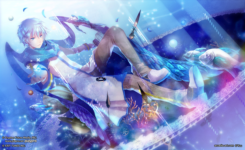 1boy, album_cover, animal, artist_name, bangs, blue, blue_eyes, blue_hair, blue_scarf, cage, clock_hands, closed_mouth, coral, cover, crypton, earth, exit_tunes, fish, full_body, gears, highres, jupiter, kaito, light_particles, light_smile, long_sleeves, looking_at_viewer, male_focus, mars, mercury, microphone, neptune, outstretched_arms, pants, petals, saturn, scarf, shoes, solar_system, sphere, uranus, venus, vocaloid, watermark, web_address, yuu_(arcadia)