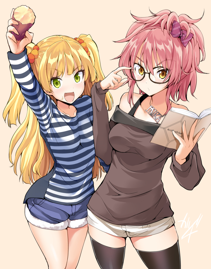 2girls, :d, adjusting_glasses, arm_up, bangs, beige_background, black-framed_eyewear, black_legwear