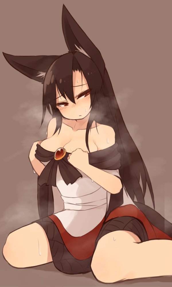 1girl, animal_ears, blush, breasts, brooch, brown_hair, cleavage, collarbone, dress, dress_pull, half-closed_eyes, head_tilt, imaizumi_kagerou, jewelry, kaginoni, layered_dress, legs, long_hair, long_sleeves, looking_at_viewer, medium_breasts, nose_blush, off-shoulder_dress, off_shoulder, red_dress, red_eyes, simple_background, sitting, sleeves_rolled_up, slit_pupils, solo, steam, sweat, thighs, touhou, very_long_hair, wariza, white_dress, wolf_ears