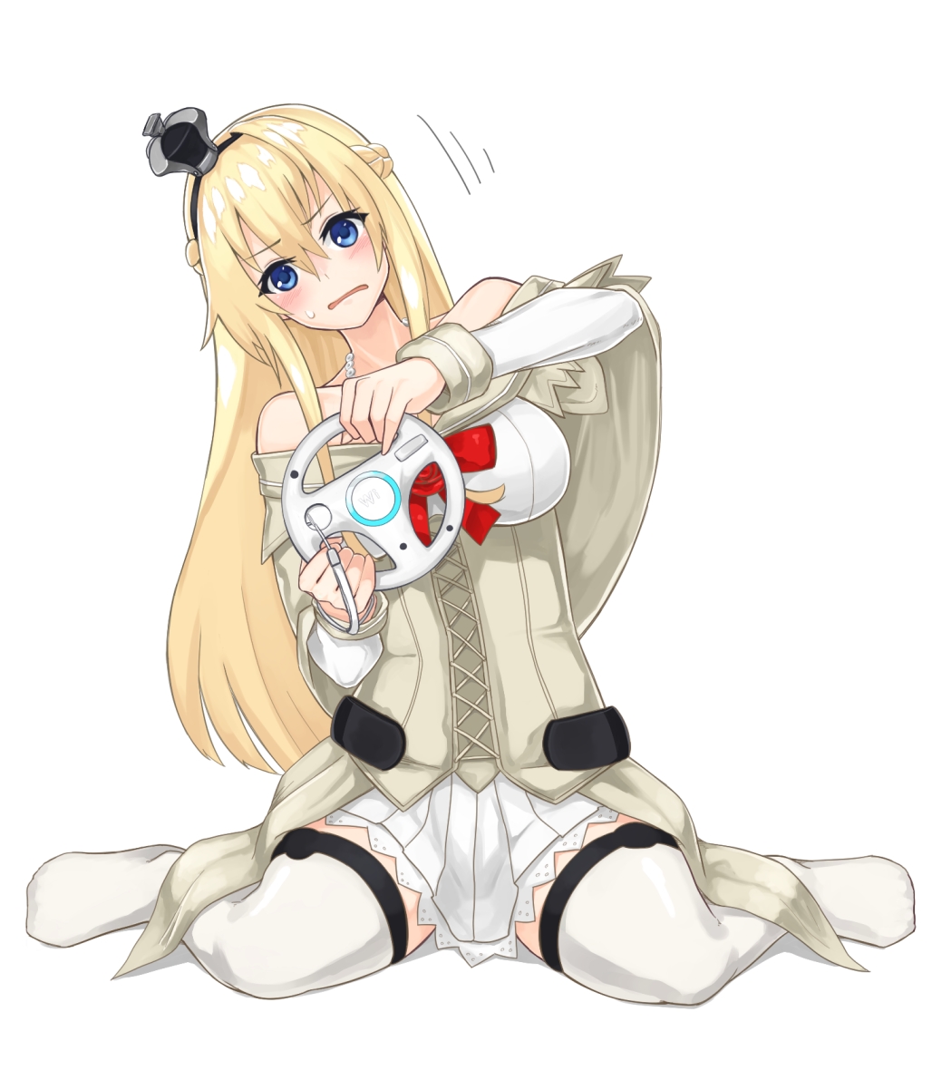 1girl, bangs, bare_shoulders, blonde_hair, blue_eyes, braid, breasts, cleavage, corset, cross-counter_(screw_upper), crown, dress, flower, french_braid, full_body, garter_straps, hair_between_eyes, hairband, jewelry, kantai_collection, lace, lace-trimmed_dress, large_breasts, leaning_to_the_side, long_hair, long_sleeves, mini_crown, necklace, off-shoulder_dress, off_shoulder, open_mouth, red_ribbon, red_rose, ribbon, rose, sitting, solo, thigh-highs, transparent_background, wariza, warspite_(kantai_collection), white_dress, white_legwear, wii_racing_wheel, zettai_ryouiki