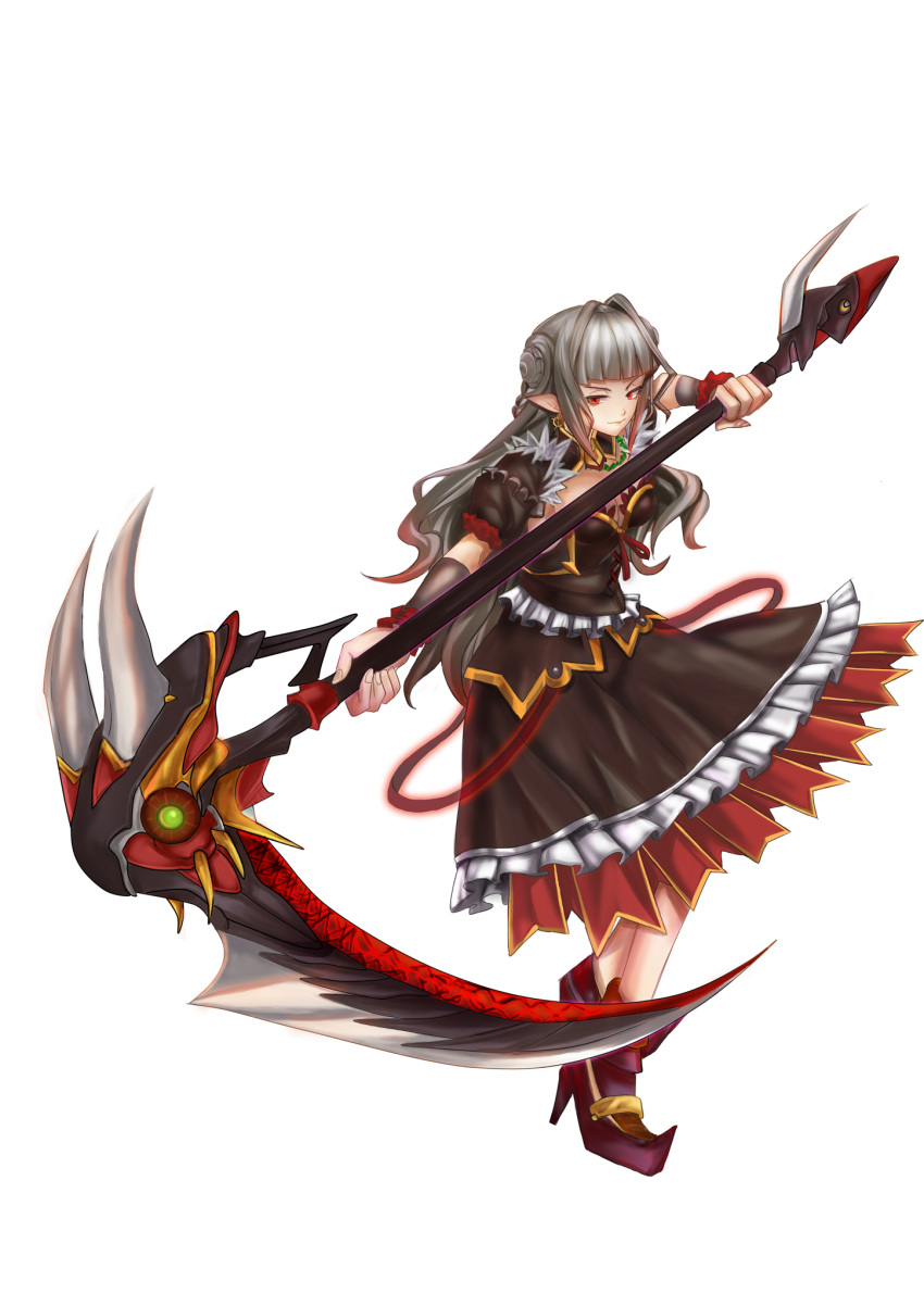 1girl, black_dress, dress, earrings, full_body, grey_hair, high_heels, highres, jewelry, long_hair, necklace, original, pointy_ears, red_eyes, scythe, simple_background, solo, standing, white_background, witch, yakinabe