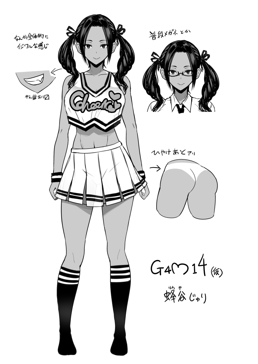 1girl, ass, cheerleader, glasses, grin, highres, kneehighs, miyamoto_issa