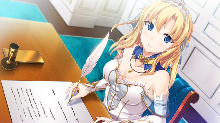 1girl, blonde_hair, blue_eyes, breasts, cleavage, dutch_angle, game_cg, highres