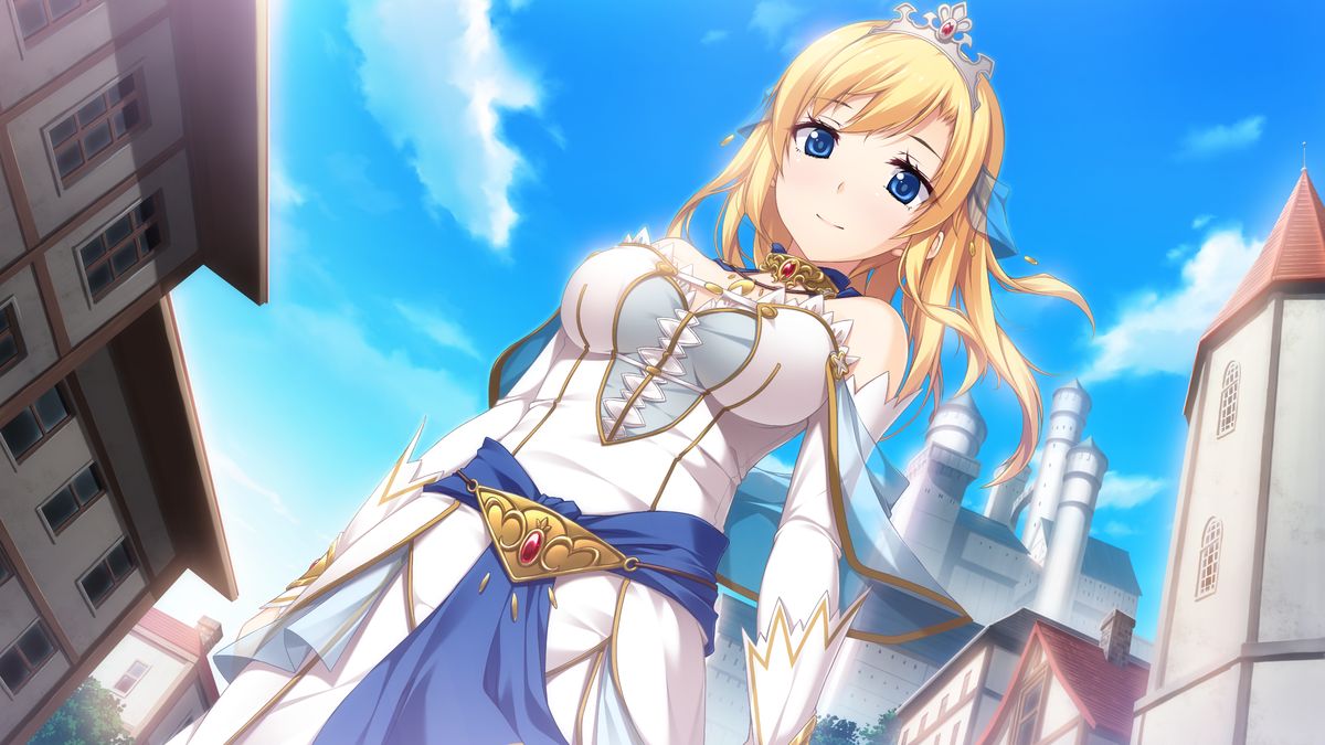1girl, blonde_hair, blue_eyes, blush, castle, dutch_angle, game_cg, kenseiki_alpha_ride