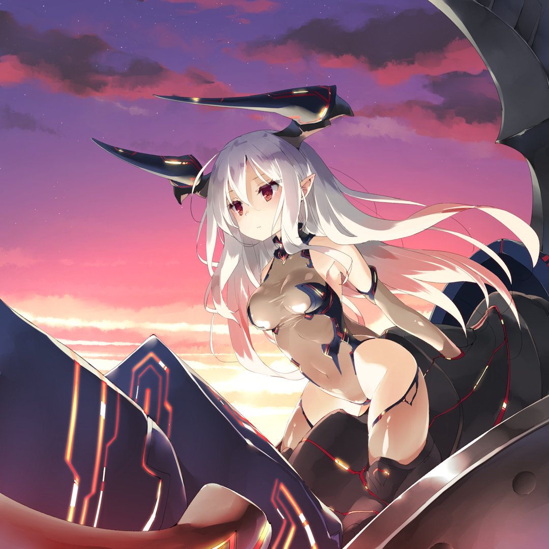 1girl, breasts, cleavage, colossus_(granblue_fantasy), covered_navel, demon_girl, elbow_gloves, gloves, granblue_fantasy, hair_between_eyes, horns, leaning_forward, leotard, long_hair, medium_breasts, outdoors, peko, pointy_ears, red_eyes, riding, sky, solo, sunset, thigh-highs, turtleneck, very_long_hair, white_hair
