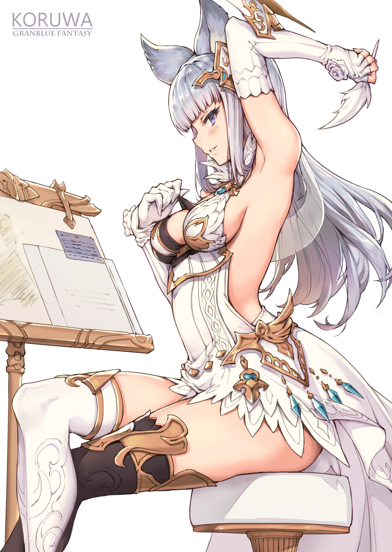 1girl, animal_ears, arm_behind_head, arm_up, armpits, bangs, black_legwear, blue_eyes