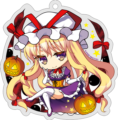 1girl, artist_name, blonde_hair, bow, breasts, chibi, choker, cleavage, corset, crossed_legs, dress, dress_lift, elbow_gloves, frilled_dress, frills, gloves, hair_bow, half-closed_eyes, halloween, hat, hat_ribbon, high_heels, jack-o'-lantern, katagiri_chisato, long_hair, looking_at_viewer, lowres, mob_cap, outline, pointing, pointing_up, puffy_short_sleeves, puffy_sleeves, purple_dress, purple_shoes, reflective_eyes, ribbon, ribbon_choker, shoes, short_sleeves, smile, solo, star, thigh-highs, thighs, touhou, very_long_hair, white_gloves, white_legwear, yakumo_yukari