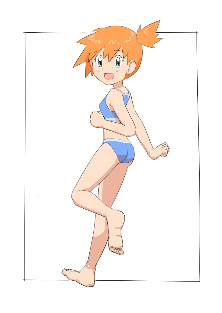 1girl, ass, barefoot, bikini, blue_bikini, clenched_hand, flat_ass, full_body