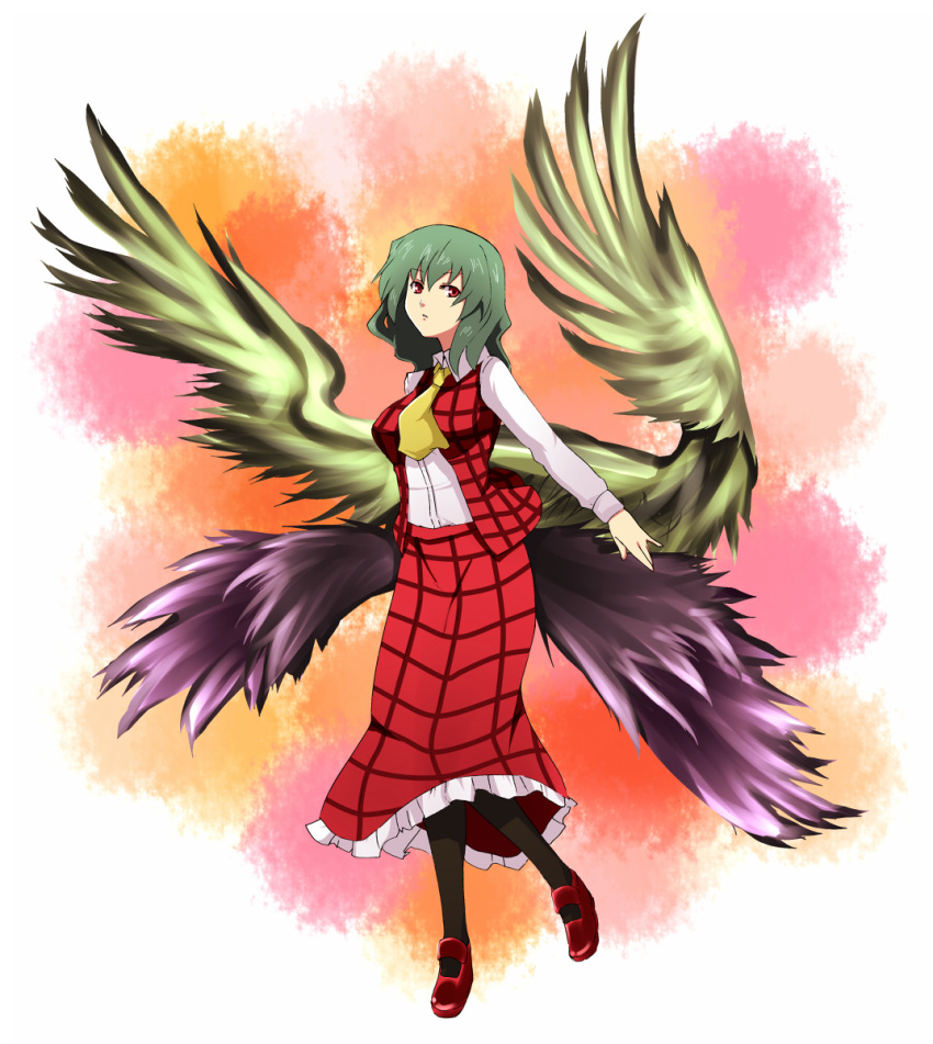 green_hair, highres, kazami_yuuka, pantyhose, plaid, plaid_skirt, plaid_vest, red_eyes