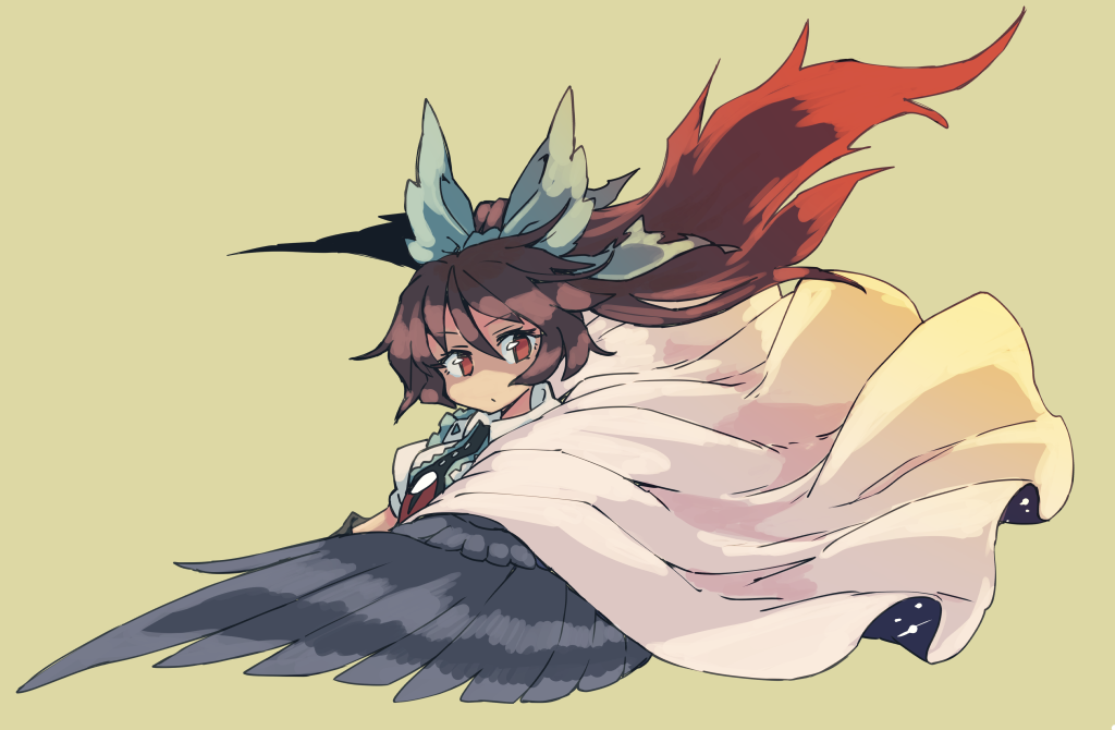 1girl, beige_background, black_wings, bow, brown_hair, cropped_torso, green_bow, green_ribbon