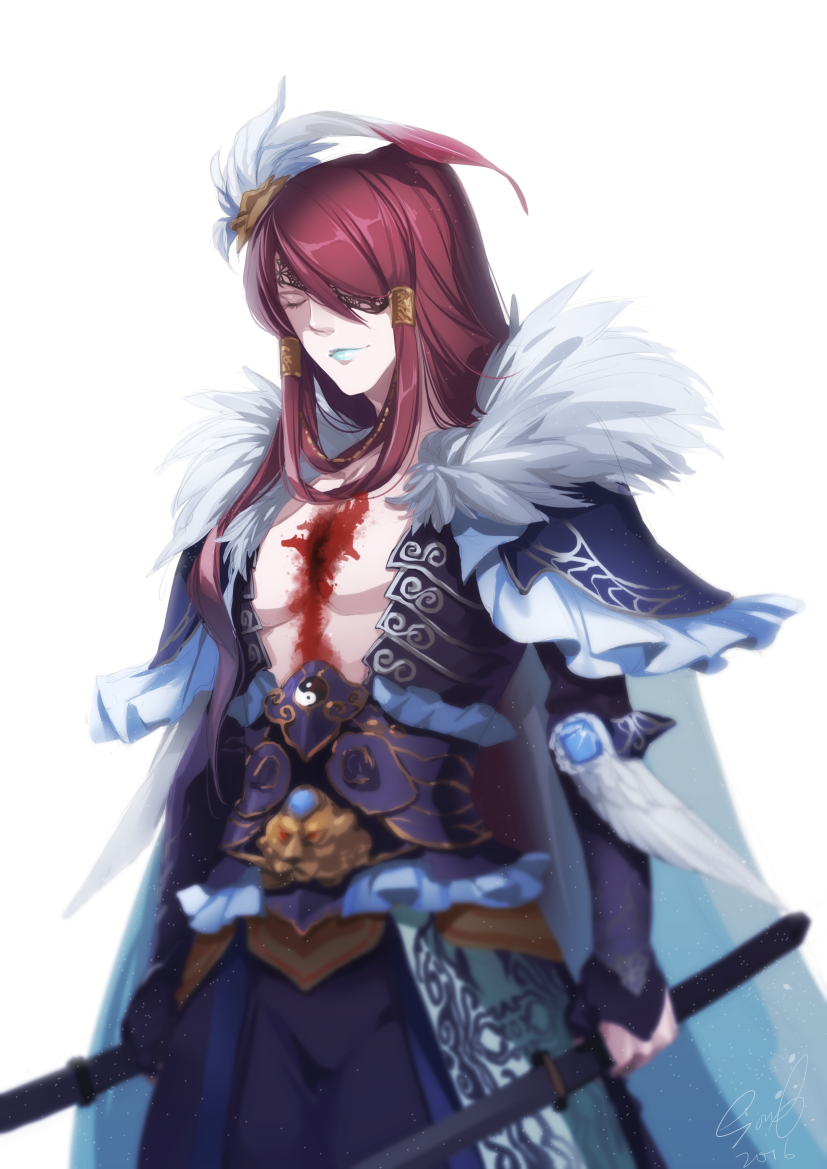 1boy, blood, closed_eyes, hair_ornament, long_hair, redhead, sha_wu_sheng, sword