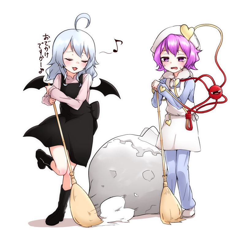 2girls, ahoge, alternate_costume, apron, bat_wings, black_apron, black_boots, blue_pants