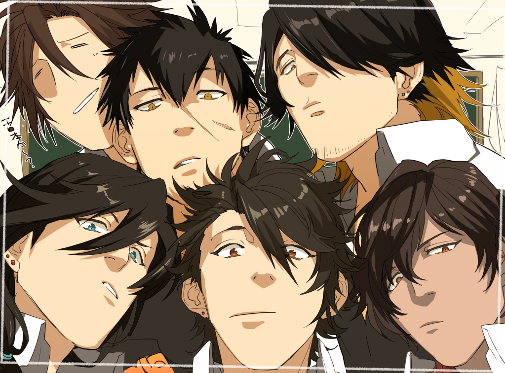 6+boys, black_hair, blue_eyes, brown_eyes, brown_hair, close-up, closed_eyes, dark_skin