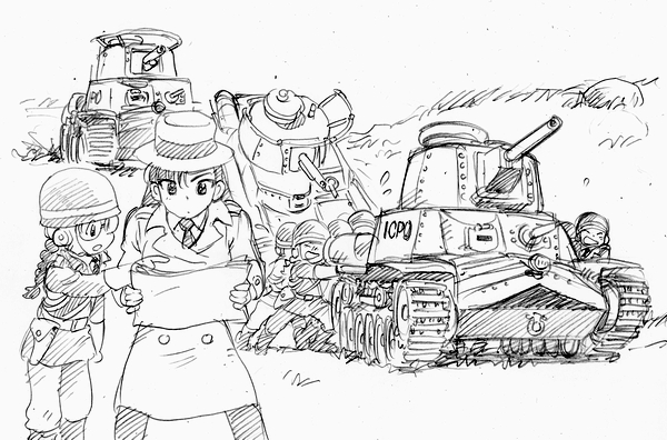 6+girls, asari_yoshitoo, braid, castle_of_cagliostro, commentary, fedora, fukuda_(girls_und_panzer), girls_und_panzer, glasses, ground_vehicle, hat, helmet, holster, long_hair, lupin_iii, military, military_vehicle, monochrome, motor_vehicle, multiple_girls, necktie, nishi_kinuyo, parody, pointing, police, police_uniform, policewoman, pushing, sketch, sweatdrop, tank, trench_coat, type_95_ha-gou, type_97_chi-ha, uniform, zenigata_kouichi, zenigata_kouichi_(cosplay)