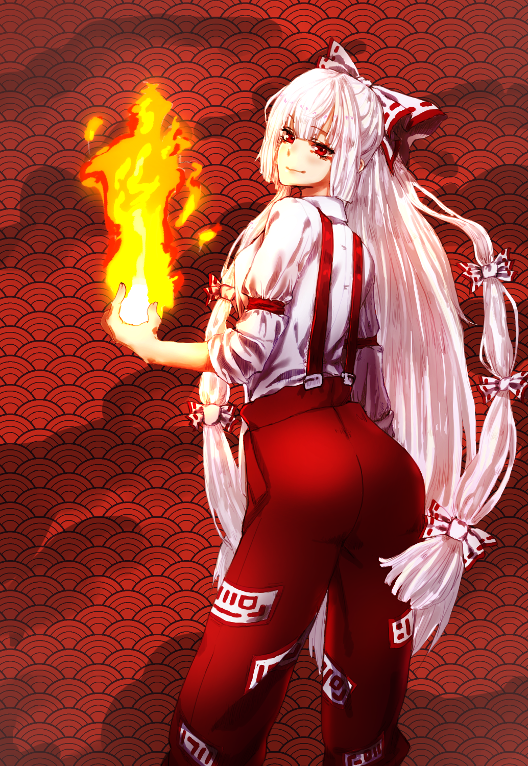1girl, arched_back, arm_at_side, ass, bangs, blhe, blunt_bangs, bow