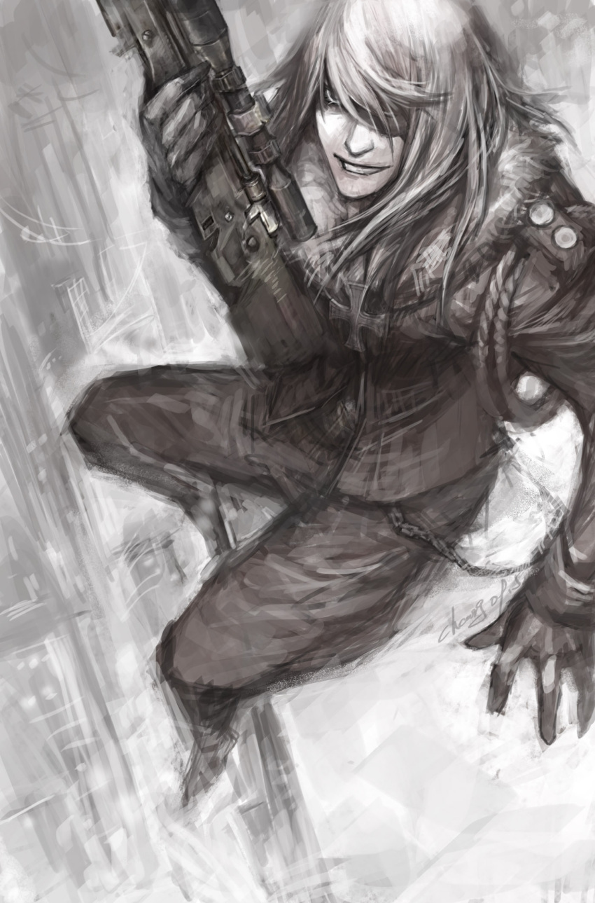 chains, chang, chang_(pixiv), eyepatch, gun, highres, long_hair, original