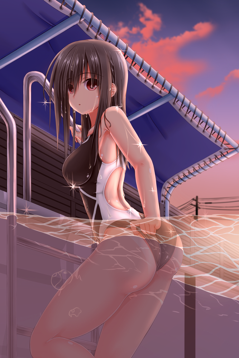 1girl, :o, adjusting_clothes, adjusting_swimsuit, ass, back, bangs, black_hair, breasts, brown_hair, climbing_ladder, competition_swimsuit, from_side, hair_over_eyes, highres, large_breasts, long_hair, looking_at_viewer, looking_back, multicolored_swimsuit, one-piece_swimsuit, original, outdoors, partially_underwater_shot, pool, pool_ladder, power_lines, red_eyes, shouyan, sky, solo, sparkle, sunset, swimsuit, tan, tanline, tarpaulin, utility_pole, water, wedgie, wet, wet_clothes, wet_hair, wet_swimsuit