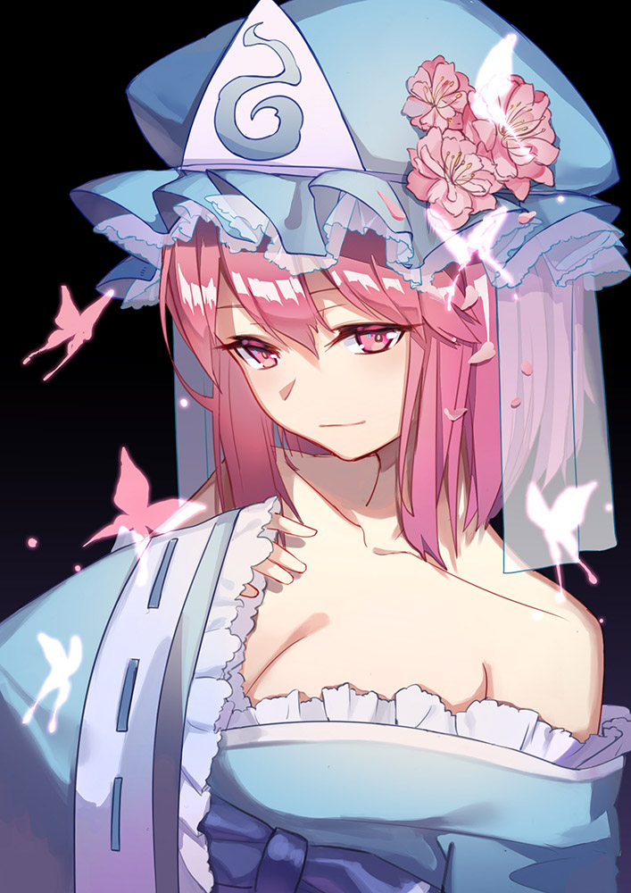 1girl, black_background, blue_bow, blue_hat, blue_kimono, bow, breasts, butterfly