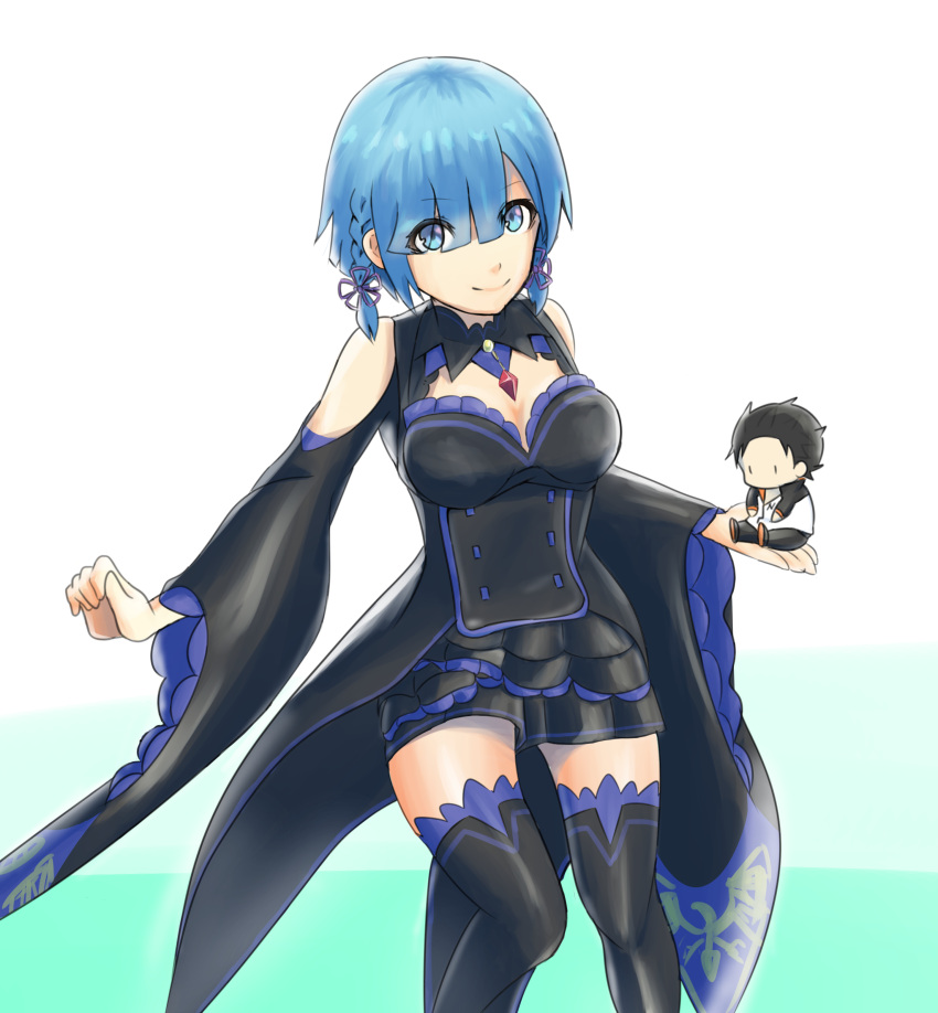 1girl, absurdres, alternate_costume, alternate_hairstyle, blue_eyes, blue_hair, dress, emilia_(re:zero)