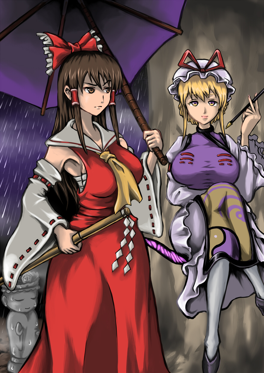 2girls, alternate_hairstyle, ascot, blonde_hair, bow, breasts, brown_eyes, brown_hair, crossed_legs, detached_sleeves, dress, floating, gap, gohei, gradient_eyes, hair_bow, hair_bun, hair_tubes, hair_up, hakurei_reimu, hand_up, hat, hat_ribbon, high_heels, highres, holding, holding_umbrella, jizou, large_breasts, lips, long_hair, long_skirt, looking_afar, looking_at_viewer, medium_breasts, mob_cap, multicolored_eyes, multiple_girls, munojou_(steam_dragon), parody, pink_lips, pipe, purple_shoes, rain, red_shirt, red_skirt, ribbon, ribbon-trimmed_sleeves, ribbon_trim, sarashi, shiki_eiki, shirt, shoes, short_hair, sidelocks, sitting, skirt, standing, tabard, taut_clothes, thunderbolt_fantasy, touhou, umbrella, violet_eyes, white_dress, white_legwear, yakumo_yukari, yellow_eyes, yin_yang