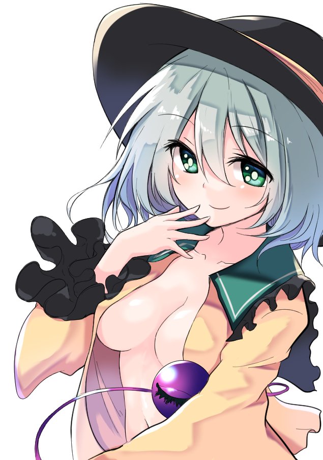 1girl, blush, breasts, center_opening, chipa_(arutana), closed_mouth, collarbone, frilled_shirt_collar, frilled_sleeves, frills, green_eyes, komeiji_koishi, long_sleeves, looking_at_viewer, midriff, navel, no_bra, open_clothes, open_shirt, shirt, short_hair, silver_hair, small_breasts, smile, solo, stomach, third_eye, touhou, upper_body, white_background, wide_sleeves, yellow_shirt