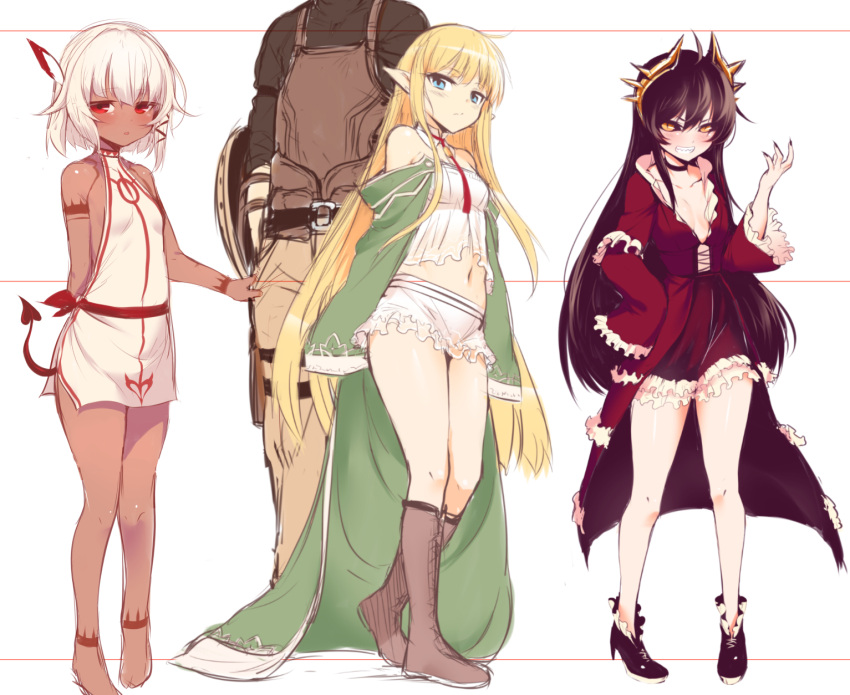 1boy, 3girls, bare_shoulders, barefoot, blue_eyes, boots, dark_skin, fingernails