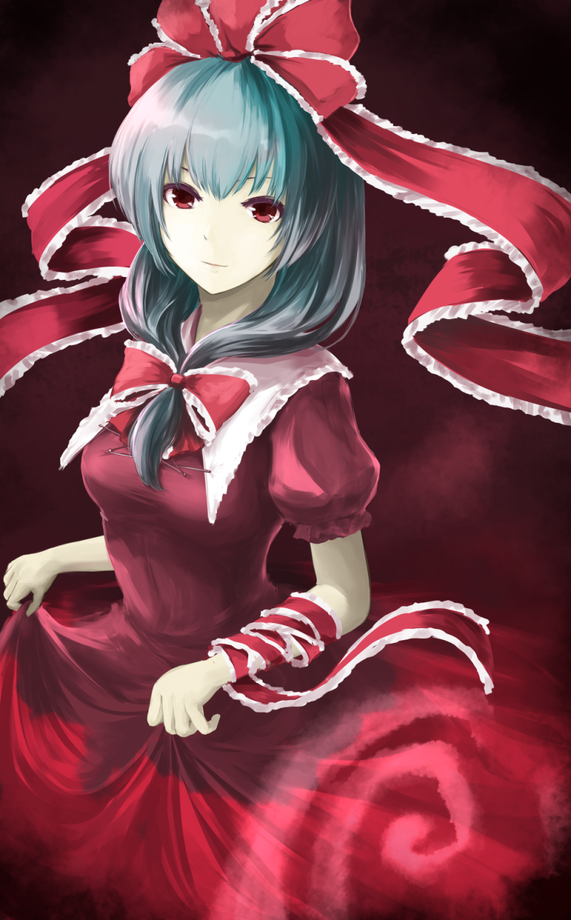 1girl, cowboy_shot, dress, expressionless, frilled_ribbon, frills, front_ponytail, gradient