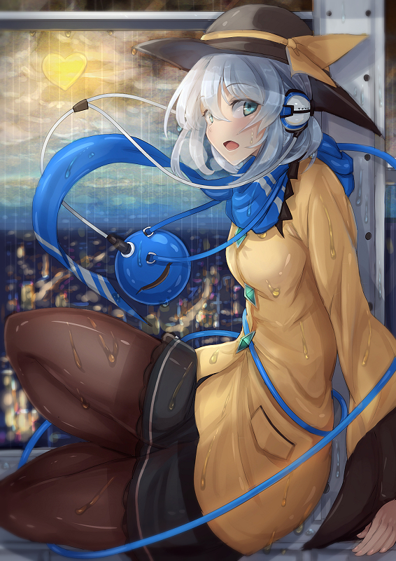 1girl, aqua_eyes, black_legwear, bow, eyeball, hat, hat_bow, hat_ribbon
