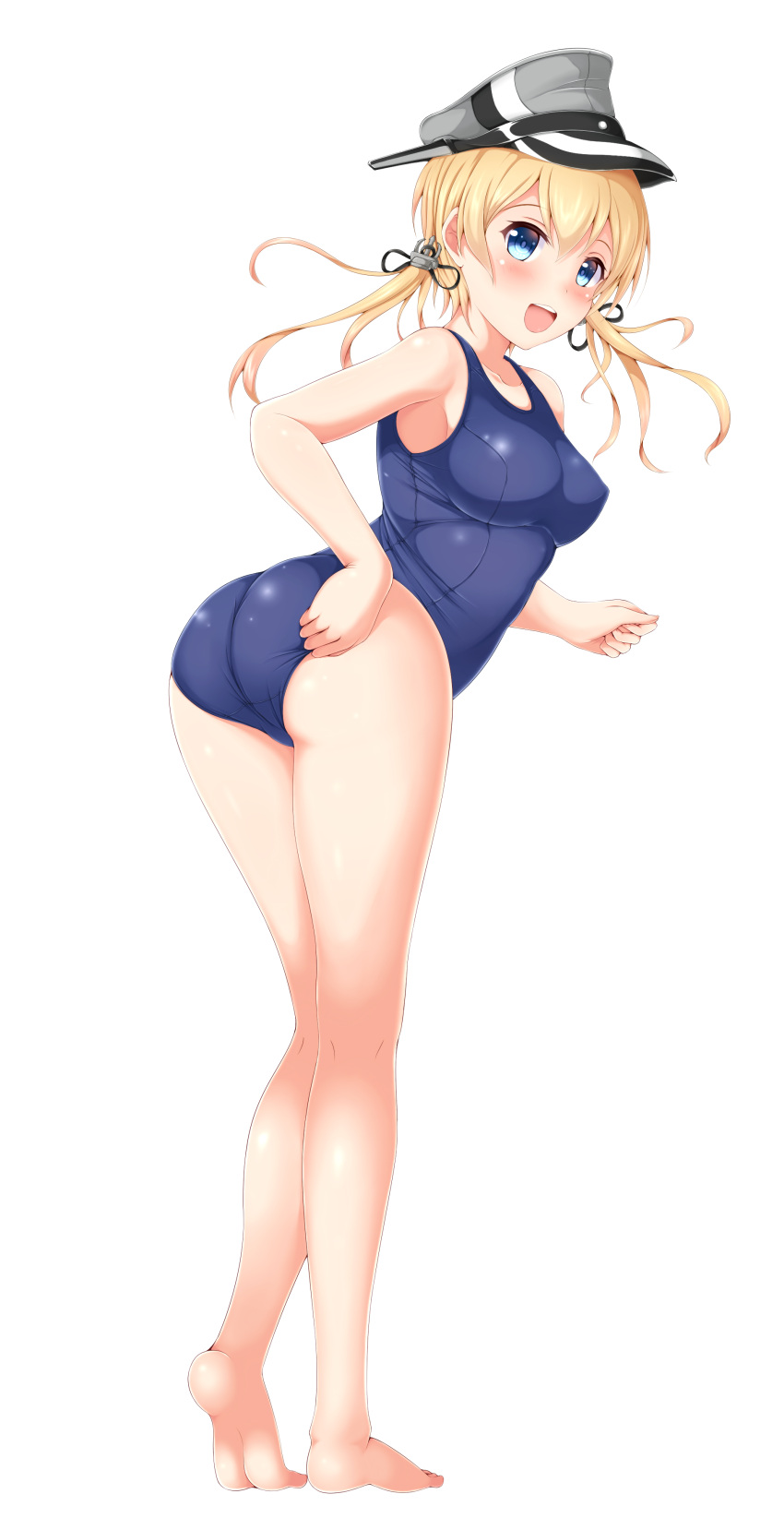 1girl, absurdres, adjusting_clothes, adjusting_swimsuit, anchor_hair_ornament, ass, back, black_ribbon, blonde_hair, blue_eyes, breasts, full_body, hair_ornament, hat, highres, kantai_collection, low_twintails, medium_breasts, nyako_(hitsuzineko3), open_mouth, peaked_cap, prinz_eugen_(kantai_collection), ribbon, school_swimsuit, smile, solo, swimsuit, twintails