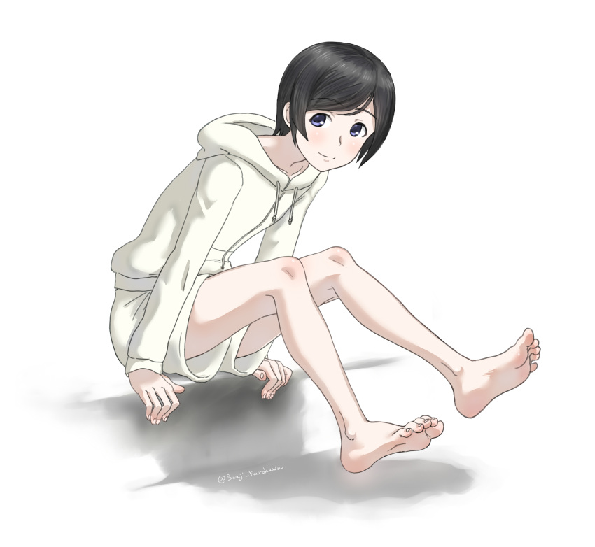 1girl, androgynous, arm_support, bare_legs, barefoot, black_hair, feet, highres