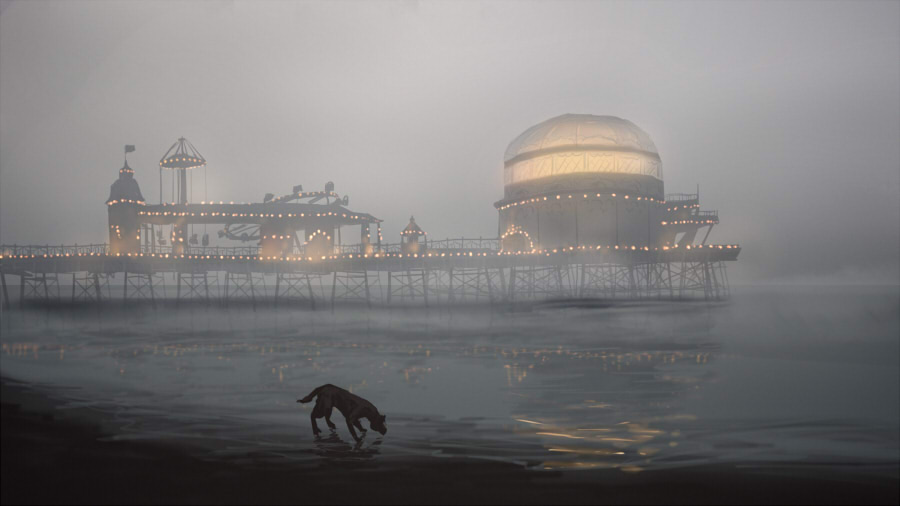 amusement_park, building, carousel, clouds, cloudy_sky, dog, dome, fog