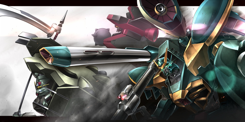 ball_and_chain, bazooka, border, calamity_gundam, cannon, dust_cloud, energy_gun, forbidden_gundam