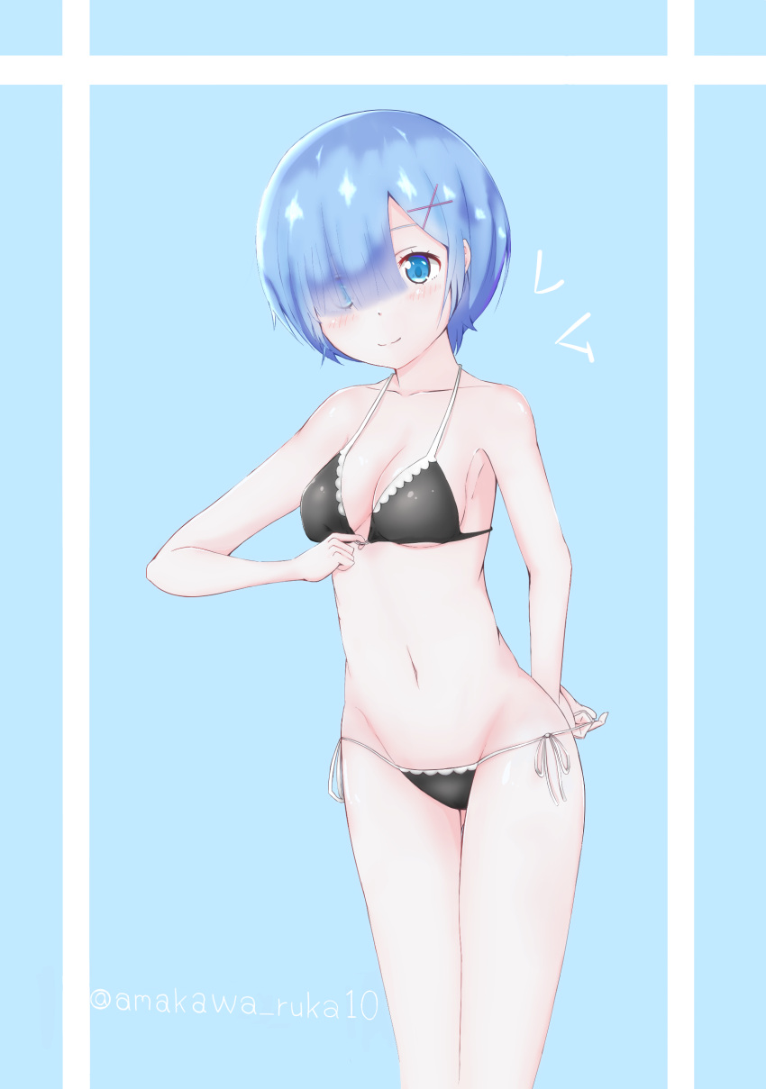 1girl, absurdres, amakawa_ruka, bikini, black_bikini, blue_eyes, blue_hair, hair_over_one_eye, highres, re:zero_kara_hajimeru_isekai_seikatsu, rem_(re:zero), short_hair, standing, swimsuit