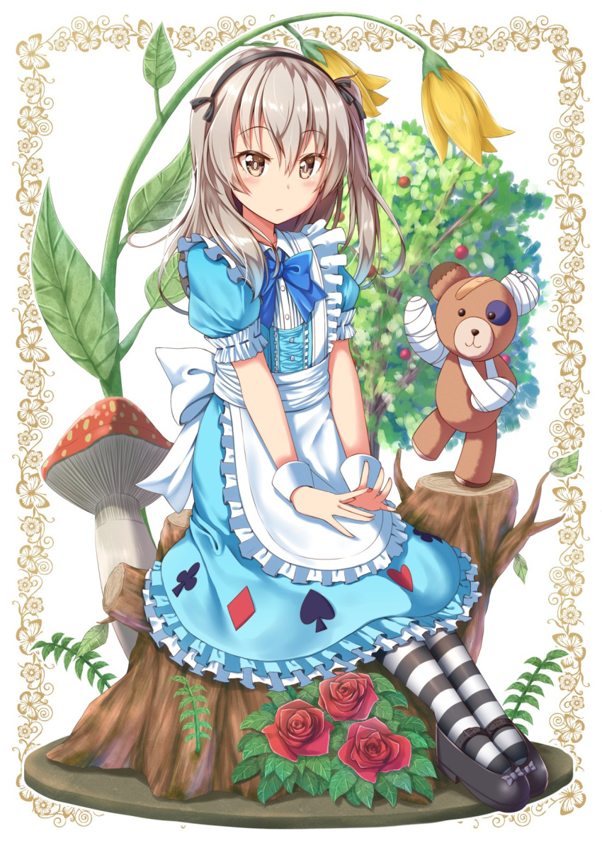 1girl, alice_(wonderland), alice_(wonderland)_(cosplay), alice_in_wonderland, boko_(girls_und_panzer), brown_eyes, brown_hair, clubs_(playing_card)
