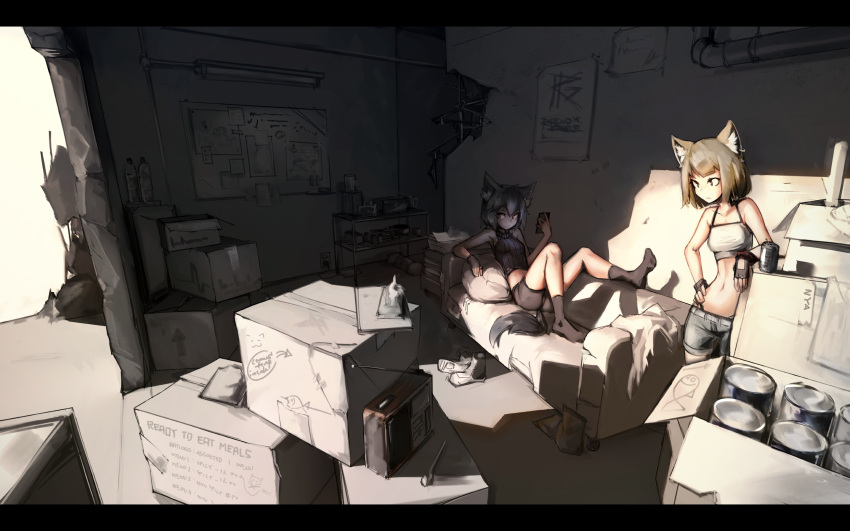 2girls, absurdres, animal_ears, ankle_socks, arm_support, bare_shoulders, bed, bike_shorts