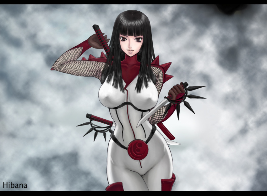 bangs, black_hair, blunt_bangs, bodysuit, erect_nipples, fishnets, hibana, hime_cut
