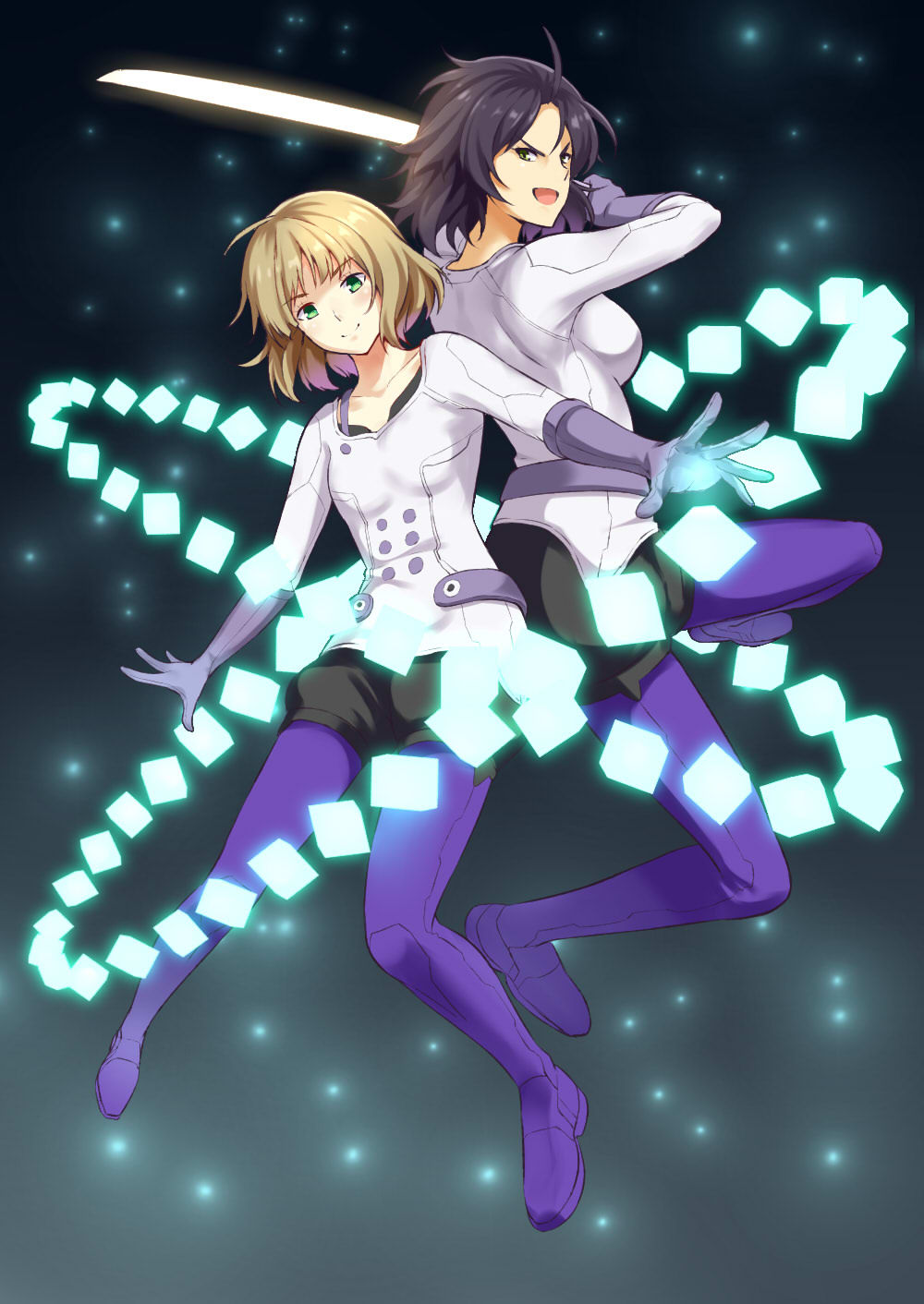2girls, :d, ahoge, black_hair, blonde_hair, green_eyes, highres, huyumitsu