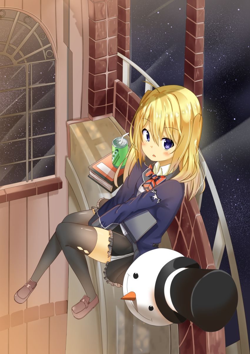 1girl, absurdres, ahoge, bangs, bendy_straw, between_legs, black_legwear, black_skirt