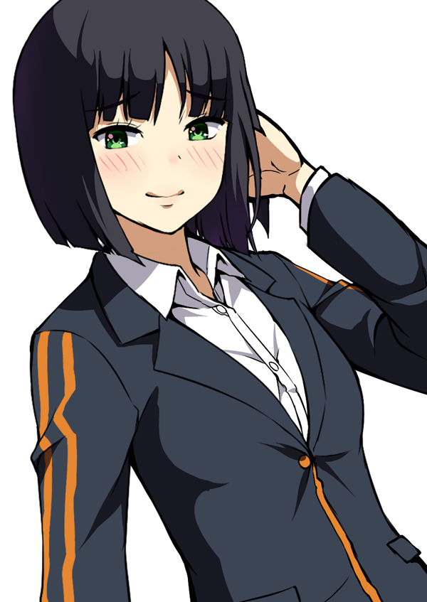 1girl, black_hair, blush, dress_shirt, green_eyes, huyumitsu, kon_yuka, shirt