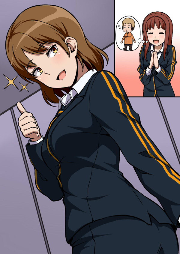 1boy, 2girls, :d, blush, brown_hair, character_request, flying_sweatdrops, huyumitsu