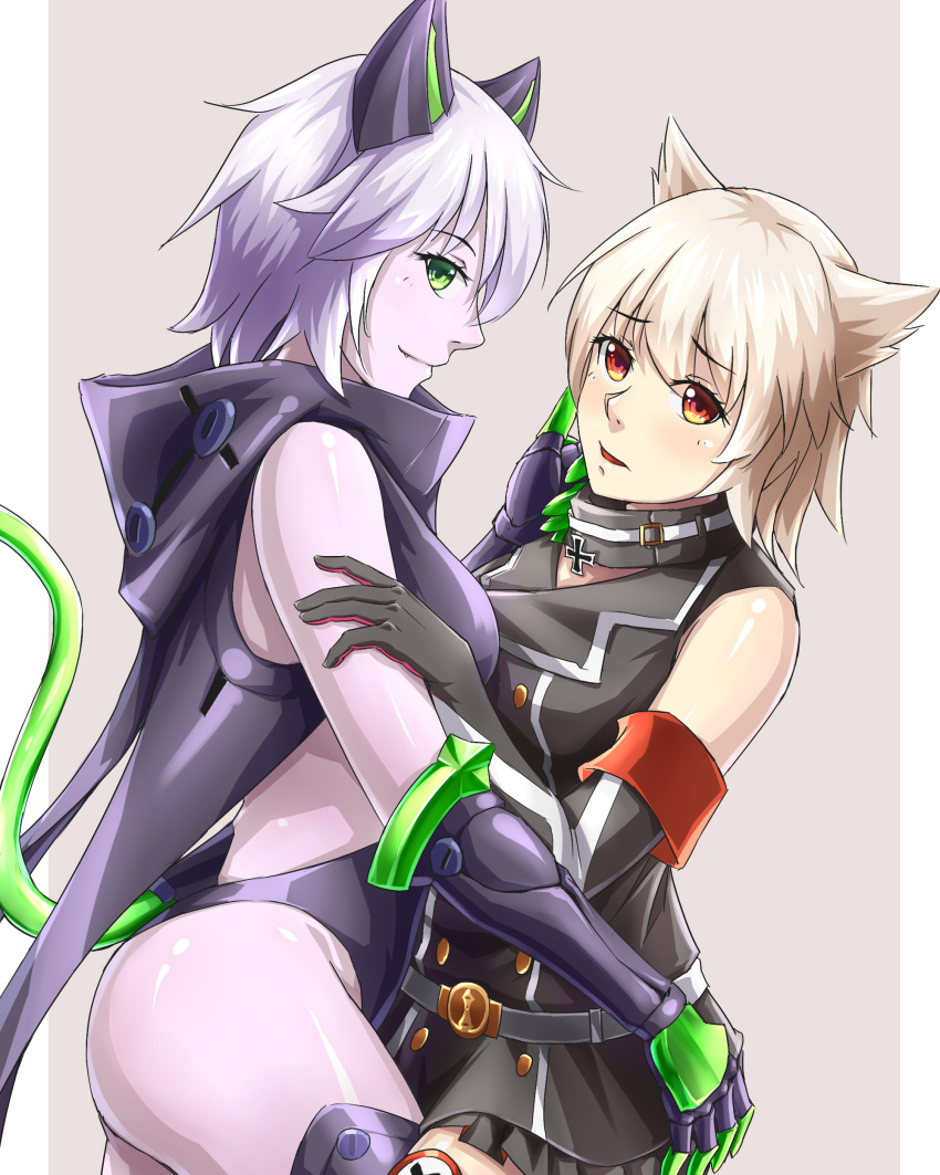 2girls, absurdres, animal_ears, ass, ass_grab, bare_shoulders, bismarck_(zhan_jian_shao_nyu), black_gloves, blonde_hair, blush, cat_ears, cat_tail, collar, dual_persona, elbow_gloves, enemy_bismarck_(zhan_jian_shao_nyu), fang, fang_out, gauntlets, gloves, green_eyes, highres, hood, hug, iron_cross, leg_between_thighs, looking_at_viewer, miniskirt, multiple_girls, orange_eyes, pale_skin, parted_lips, pleated_skirt, purple_skin, ray_(pixiv9514208), shinkaisei-kan, short_hair, skirt, smile, tail, thigh-highs, white_hair, zhan_jian_shao_nyu