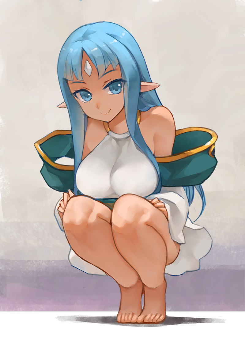1girl, bare_shoulders, barefoot, blue_eyes, blue_hair, forehead_jewel, looking_at_viewer, pastel_kalar, pointy_ears, rance_(series), rance_quest, smile, solo, squatting, yostxxx
