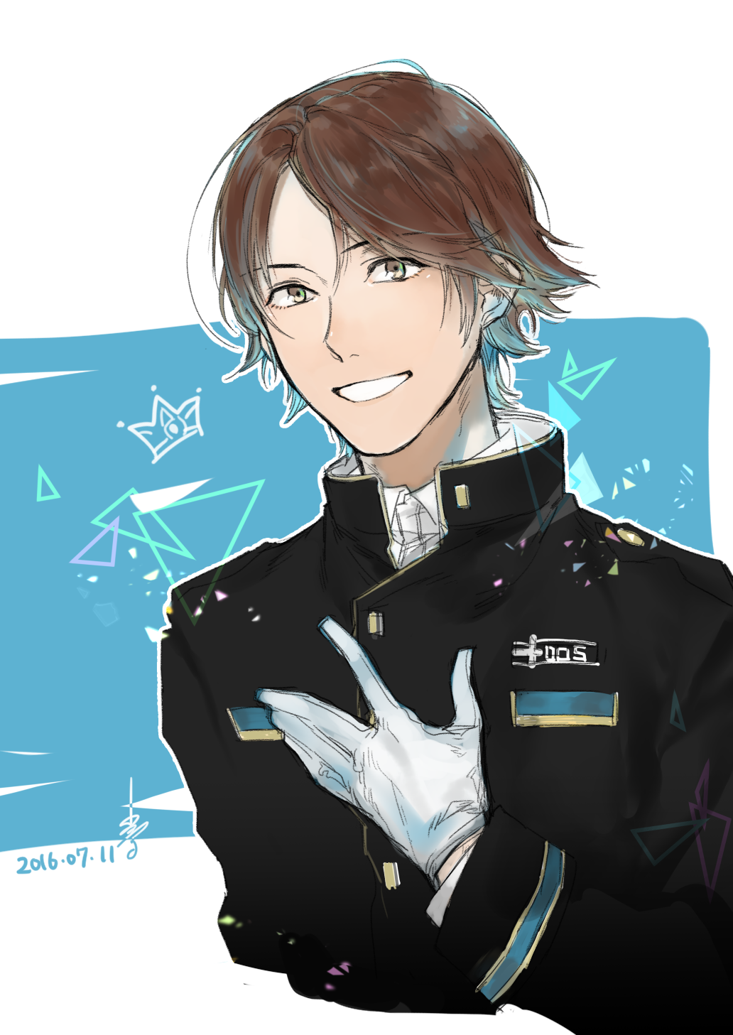 2016, :d, bangs, black_jacket, brown_hair, cropped_torso, dated, gloves, hand_on_own_chest, highres, jacket, long_sleeves, looking_at_viewer, male_focus, naogen, open_mouth, ouji_kazuaki, outline, smile, solo, triangle, white_gloves, world_trigger