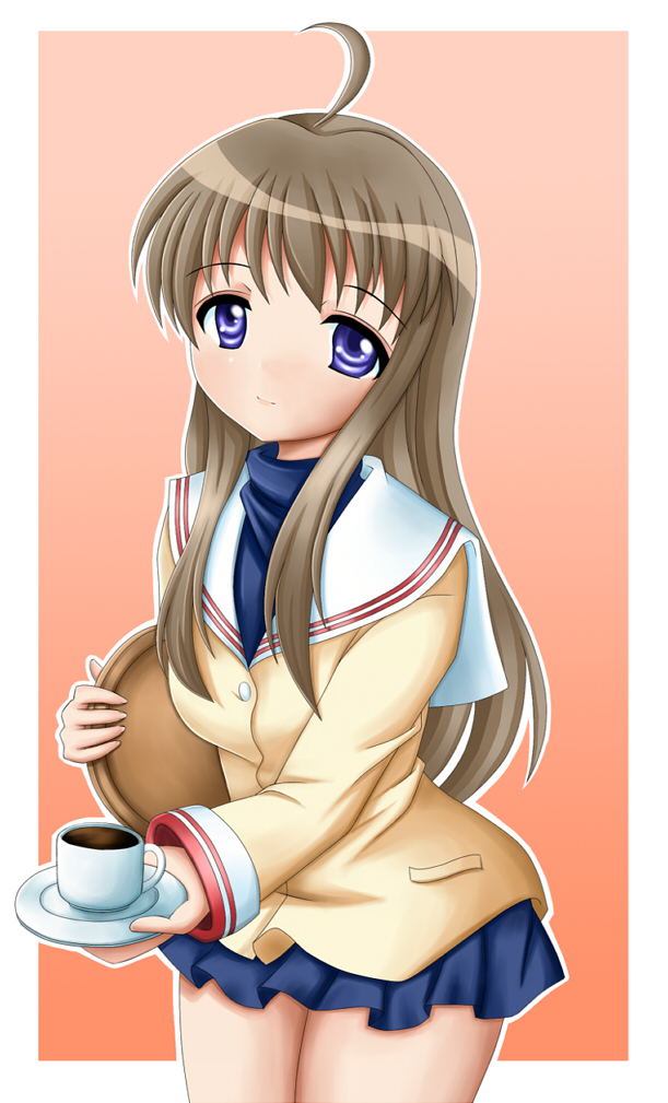 ahoge, blue_eyes, brown_hair, clannad, cup, fujieda_hiro, long_hair, miyazawa_yukine