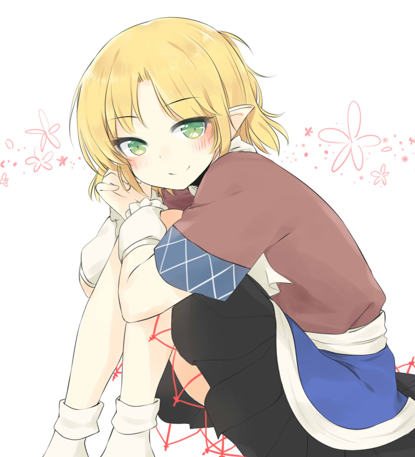 1girl, arm_warmers, black_skirt, blonde_hair, blush, brown_shirt, eyebrows, eyebrows_visible_through_hair