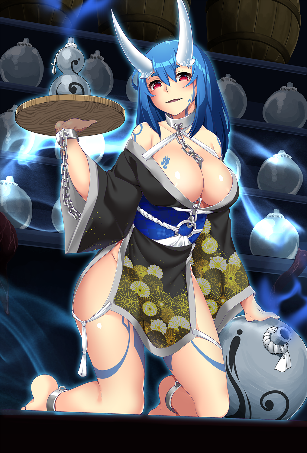 1girl, aura, bare_shoulders, barefoot, black_kimono, blue_hair, blush, breasts